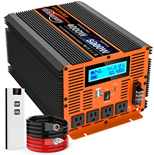 4000 Watt Pure Sine Wave Power Inverter 24V DC to 110V 120V Converter for Family RV Off Grid Solar System Car with Type-C Ports 4 AC Power Outlets Dual USB Ports LCD Display and Remote Control