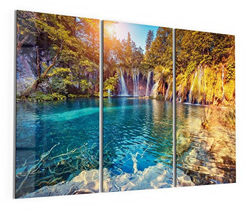 DEQORI Glasbilder Echtglas | Motiv Märchenhafte Wasserfälle | horizontal 3-teilig 150x100 cm | große XXL Deko | Wandbilder für Wohnzimmer, Schlafzimmer, Flur & Küche | moderne Wanddeko