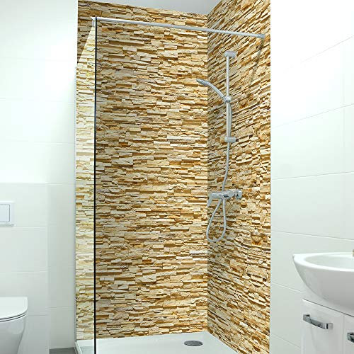 DRUCK-EXPERT Premium Duschrückwand 0,4 mm selbstklebendes Hart-PVC, Größe:3 x B 103 x H 240 cm Hochformat, Muster:Steinwand hell