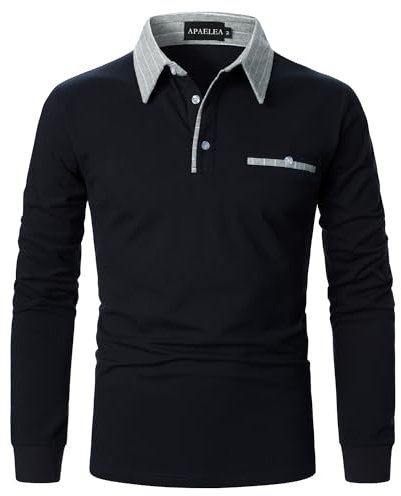 APAELEA Poloshirt Herren Baumwolle Langarm Gestreifte Revers Golf Shirts Männer Hemden Tops,Marine,XXL