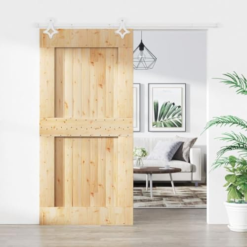 Baziroo Schiebetür mit Beschlag Weiß 100x3,6x210 cm Massives Kiefernholz und Stahl Schibetür Wohnzimmertuer Zimmertüren Scheunentor Holztuer Innentüren Wooden Door Sliding Door
