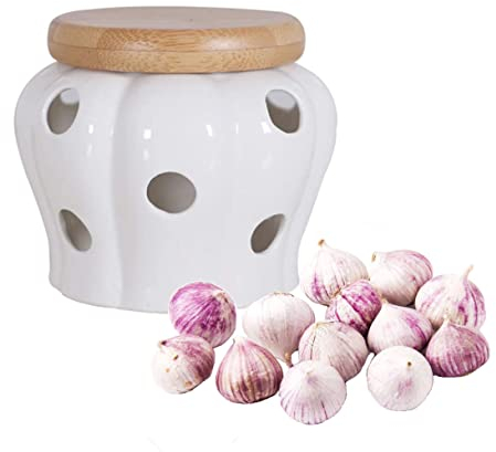 Holdyfine Knoblauch Aufbewahrung Keramik knoblauchdose Knoblauchtopf mit Bambus Deckel,Ingwer Zwiebel und Knoblauch küche aufbewahrung & organisation,Knoblauchdose Kapazität 210g,12 * 10cm,Weiß