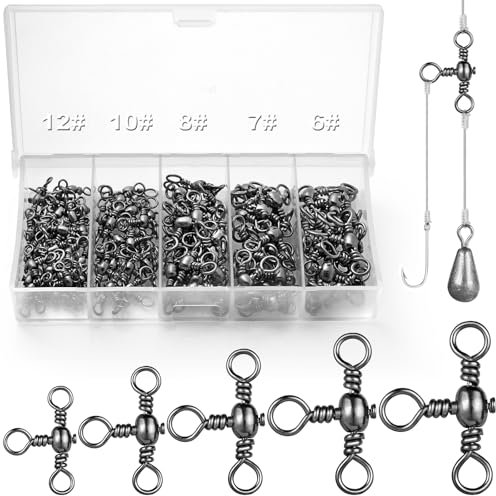 Annyswit 100Pcs 3 Way Swivel Fishing Tackle 6# 7# 8# 10# 12# Stainless Steel Three Way Fishing Swivels Saltwater T-Shape Black Nickel Triple Swivel Fishing for Catfish Rig Shaddock Fishing Sea Fishing