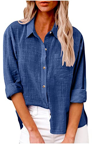 Today Deals Prime Womens Tops Dressy UK Casual Summer Button Down Cotton Linen Shirts Work Office Women Blouse and Shirts Roll Up Long Sleeve Lapel Blouses Trendy Loose Fit Ladies Tops