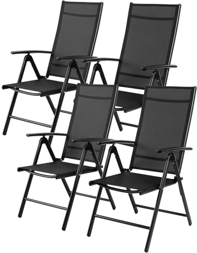 LIFERUN Lot de 4 Chaises de Jardin Pliantes avec Accoudoirs | Chaise Pliante Aluminium Extérieur, Dossier Haut Réglable 7 Positions, Résistante aux Intempéries, Noir
