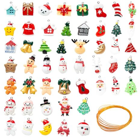Sxutop 50 Piezas Mini Adornos Navideños de Resina Colgantes Navideños Miniaturas Resina Adornos Colgante Navidad con Cuerda Dorada Figuras Arbol Navidad Decoraciones Colgantes para Árbol de Navidad