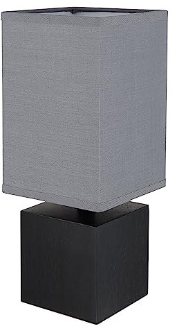 Globo Tischleuchte Nachttischleuchte Beistelllampe modern Schirmleuchte schwarz, Schreibtischlampe Holz Würfel, Textil anthrazit, 1x E27 Fassung, LxBxH 12x12x30 cm