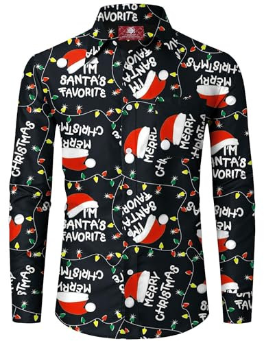Männer Zuckerstange Hemd Weihnachten Lange Ärmel Taschen Santa's Favorite Hemd Hässlich Christmas Knopfhemd L