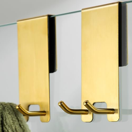 Kegii Duschhaken ohne Bohren - Handtuchhaken für Duschwand 2 Stück, Haken für Rahmenlose Glastüren 6-12 mm dick, Gold