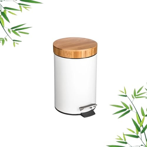 Solty - Cubo basura baño con tapa de bambú - 3L - Papelera de metal con cubo y pedal - Ideal para baño, cocina o escritorio - 17 cm x 22,5cm x 24,5 cm - Blanco