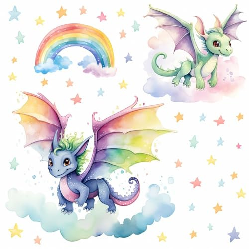 255 Wandtattoo bunte Drachen mit Regenbogen und Sternen in 6 vers. Größen Größe 750 x 420 mm