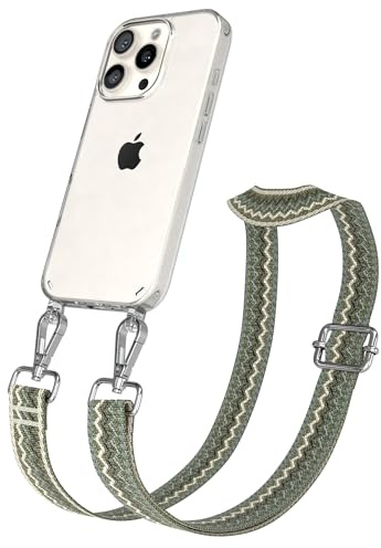 EAZY CASE Handykette - Verstellbares Taschenband kompatibel mit iPhone 16 Pro, Schulterriemen, Handykordel mit Silikon Hülle, Umhängetasche, Grün Beige Silber