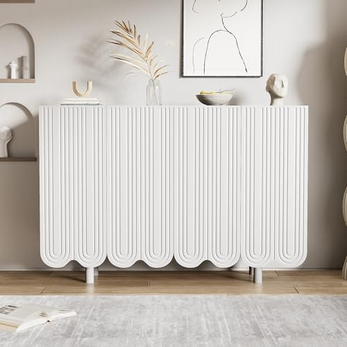 Merax Sideboard Weiß Matt, Kommode mit 4 Türen, Modernes Welliger Sideboard, mit geformten Türen und Pufferscharnier, 120x37,5x80,8 cm