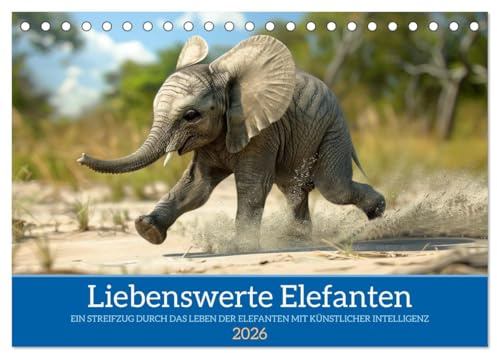 Liebenswerte Elefanten (Tischkalender 2026 DIN A5 quer), CALVENDO Monatskalender: Elefantenzauber - KI Kunst für jeden Monat (CALVENDO Tiere)