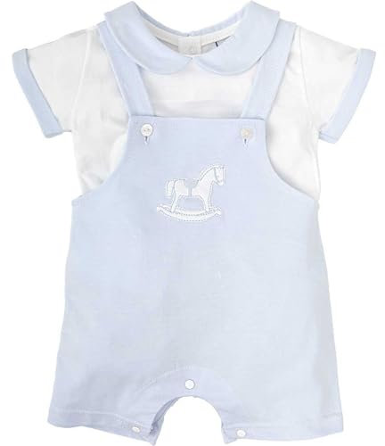 BABIDU Conjunto bebé con Peto Corto Y Camiseta, Bordado Caballito Balancín Set Bambino con Salopette, Azzurro, 9 Mesi Unisex-Bimbi