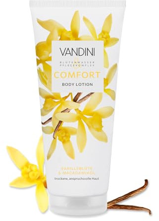 VANDINI COMFORT Body Lotion Damen 200 ml mit Vanilleblüte & Macadamiaöl - Body Lotion für trockene, anspruchsvolle Haut - vegan, ohne Parabene & Silikone, Made in Germany