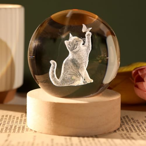 Cat Gifts for Women 3D Crystal Ball 60mm Cat Lovers Gift for Girl Themed Present with Light Base