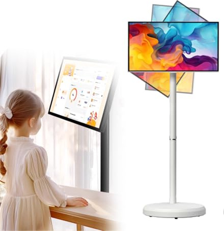 ZyKnaurral 21.5-inch Portable Smart TV on Wheels, FHD Rotating Touchscreen Monitor, Android OS, Up to 4-6 Hours of Battery Life, Supports Type-C Port,Bluetooth 5.1, Wi-Fi, Voice Control White-6+128G
