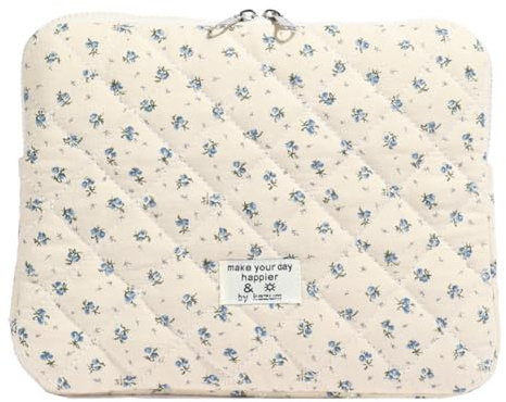 Puffy Laptop Sleeve 11 inch Floral Quilted Laptop Case Cute Padded Notebook Cover Aesthetic Computer Case (A-Blue, 11 Inch)