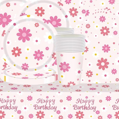Lot de 61 pièces de vaisselle de fête rose avec fleurs roses pour fête d'anniversaire, nappes, gobelets, serviettes, assiettes, pour 20 invités.