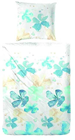 Hahn Renforce Bettwäsche Nature Blau Blumen, 155x220 cm + 80x80 cm