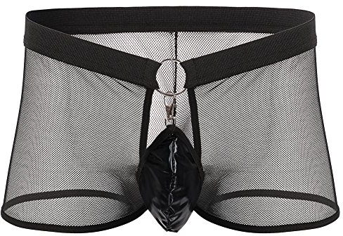 FYMNSI Herren Boxershort Transparent Netz Briefs Slip Metall Ring Retroshorts Männer Boxerbriefs Sexy Mesh Unterwäsche Durchsichtige Trunks Shorts Dessous Unterhosen Reizwäsche Nachtwäsche Schwarz