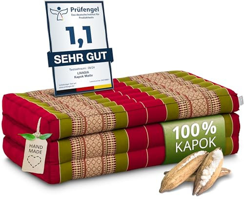 livasia Nachhaltige Kindermatratze aus Kapok - 140x70x8cm - Klappmatratze, Reisebett Kinderbett faltbar, ökologische Yogamatte klappbar, Spielmatte, Liege für Garten und Balkon (Rot/Grün)