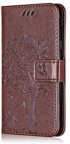 Conber Hülle für Huawei P20 Lite, PU Leder Tasche Flip Case Lederhülle Handyhülle, Vintage Katze und Baum Schutzhülle für Huawei P20 Lite - Kaffee