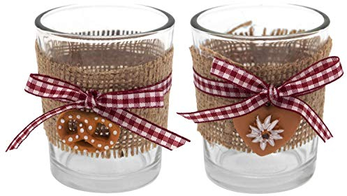 Tischdeko Oktoberfest Bayrisch 2 Teelichthalter Teelichtgläser Glas Raute Rot Party Deko