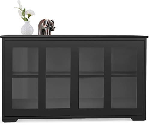 GOPLUS Buffet Commode Bas avec 2 Etagères, Tablette Hauteur Réglable, Vaisselier/Bahut de Cuisine avec Porte Coulissante, Meuble de Rangement en MDF, 106,5 x 33 x 62,5 CM, Noir