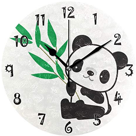 JUMPBEAR 25 cm Durchmesser, leise, nicht tickend, runde Wanduhr für Zuhause, arabische Ziffern, lustiges Panda-Blätter-Design, dekorative kreative Uhr