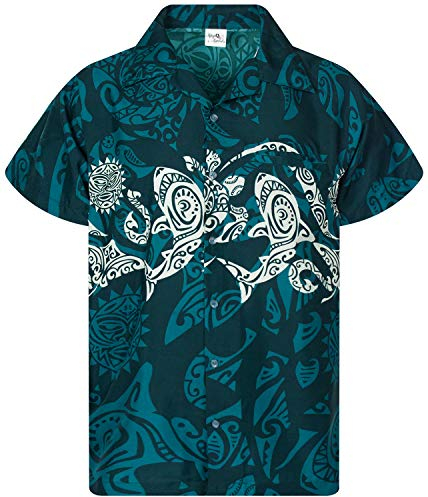 King Kameha Funky Chemise-Hawaienne, Manche-Courte, Maori-Chest, Vert-Pétrole, L