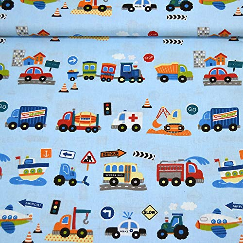 MAGAM-Stoffe Kai Baumwollstoff Kinderstoff 100% Baumwolle Oeko-Tex Meterware 50cm (Bunte Autos hellblau)