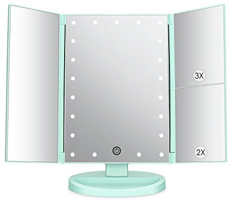 deweisn Tri-Fold Lighted Vanity Mirror with 21 LED Lights, Touch Screen and 3X/2X/1X Magnification Mirror, Two power Supply Mode Tabletop Makeup mirror,Travel Cosmetic Mirror (Green)