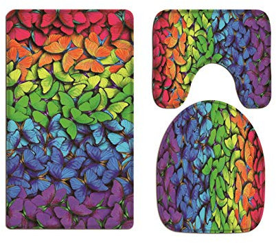 A.Monamour Badezimmer Badematte 3 Teilig Set Regenbogenfarben Mehrfarbiger 3D Schmetterlings Hintergrund Flanell WC Toilette Deckel Deckt Bad Matte Teppich Badteppiche Badvorleger Badgarnitur Vorleger