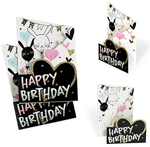 2er Set Geburtstagskarten mit Gold Glitzer für Sie| Karte Geburtstag Happy Birthday Luftballons | Glückwunschkarte oder Gutschein zum Aufstellen, 3D Effekt, X032