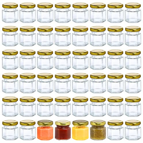 Mcupper 48 Pack 1.5oz Hexagon Glass Jars with Gold Lids, Mini Honey Jars, Small Spice Jars, Jam Jars for Gifts and Wedding Favors