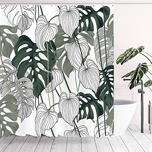 Tititex Tropische botanische Palmenblätter Duschvorhang Sets, saisonale ästhetische Pflanzen Badezimmer dekorativer Vorhang 180 x 180 cm mit Haken