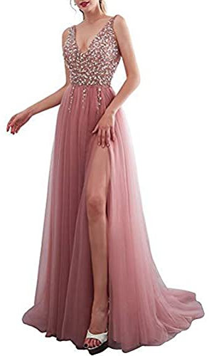 Minetom Donna Elegante Paillettes Vestito Lungo da Sera Festa Cocktail Cerimonia Scollo a V Senza Maniche Maxi Abito C Rosa XL