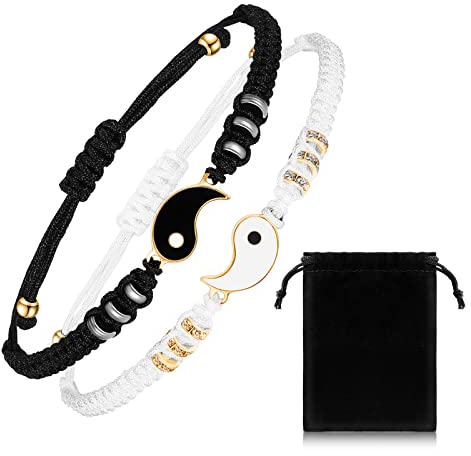 2 Passende Armbänder Ying Yang Beste Freundin Valentinstag Verstellbare Partnerarmbänder Geflochtene mit Magnet für Paare Frauen Männer (Goldperle, Yin Yang Stil)