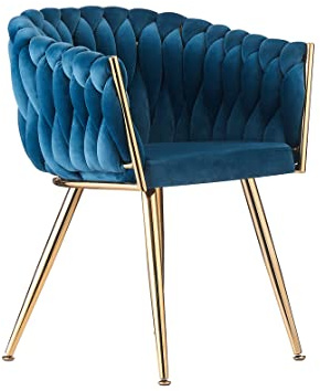 Life Interiors Chaise Tissée en Velours Bleu - avec Accoudoirs - Style Rétro Modern - Pieds Dorés Ajustable - Salle à Manger ou Coiffeuse