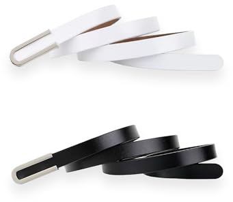 CB - Cintura Sottile in Vera Pelle, Bianco e Nero, Sottile e Morbida, con Fibbia in Lega Color Argento Cromato, Taglia Unica