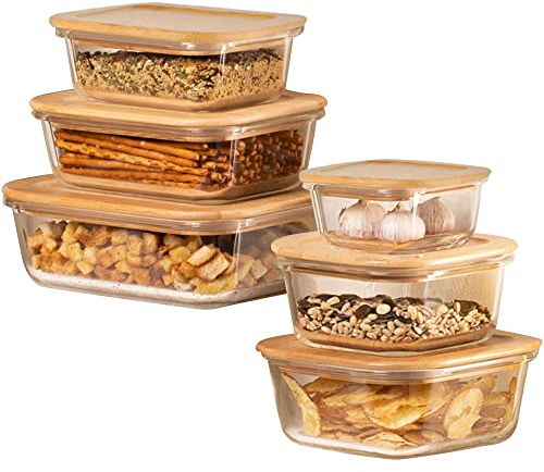 KHG Frischhaltedosen Glas Set 6-teilig Holz Deckel Bambus, verschiedene Größen, auslaufsicher, luftdicht, spülmaschinengeeignet, mikrowellen- und backofengeeignet