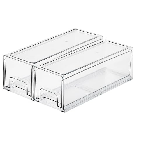 Set of 2 Stackable Refrigerator Organizer Bins with Pull-out Drawer Clear Plastic Kitchen Storage Box for Fridge and Cabinets, 4.7 x 13.2 x 4.3