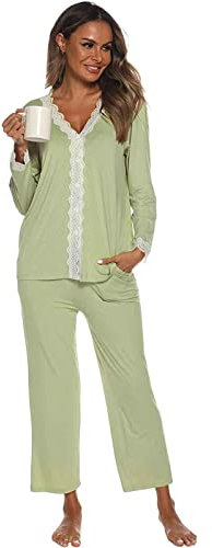 Jecarden Ensemble Pyjama Femme Manches Longues Coton Modal Vêtements de Nuit Deux Pièces Dentelle Pyjama pour Femme Fille Doux Lounge Wear-Vert-L