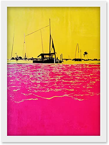Wee Blue Coo Modern Abstract Seaside Port With Colour Blocking Yellow and Hot Pink Artwork Framed Wall Art Print A4