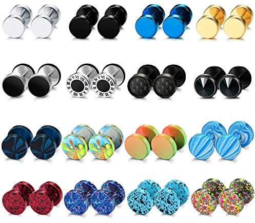 JeryWe 9 Paia Orecchini Borchie per Uomo Donna Acciaio Inossidabile Tondo Argento Nero Orecchini Finta Spina Orecchie Orecchio Vite Barbell Plugs Faux Misure Tunnel Orecchio 8MM