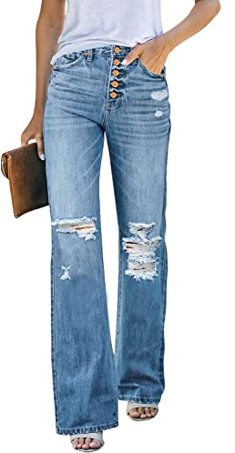 Roskiky Bootcut Jeans Damen Breite Stretch Hosen Plus Size Himmelblau XL