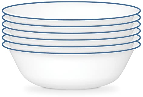 Corelle 6-Piece 18oz Round Bowls, Vitrelle Triple Layer Glass, Perfect for Soup, Cereal and Snacks, Lightweight, Chip and Scratch Resistant, Microwave and Dishwasher Safe, Botanical Stripes