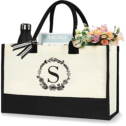 Aucuu Initiale Canvas Tragetasche, Tote Bag, Groß Canvas, Damen Handtasche, Einkaufstaschen mit Reißverschlusstaschen, Personalisierte Geschenktasche für Frau Mama Lehrer Buchstabe S